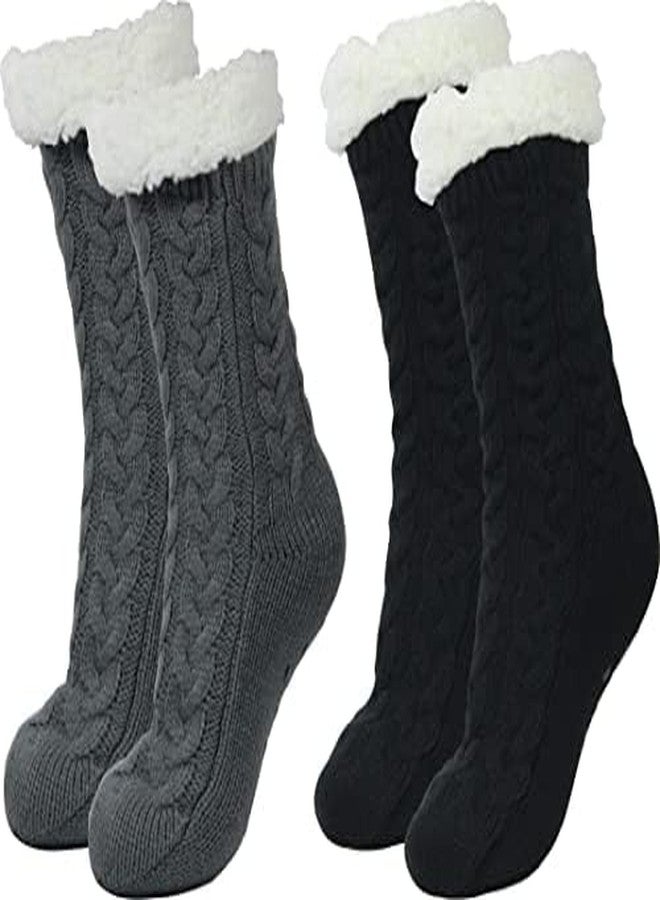 BenSorts Women's Slipper Socks with Grippers House Home Winter Warm Cozy Fuzzy Sherpa Non Slip grips Socks Comfy Soft Christmas Gift Black Grey 2 Pairs - Image 1